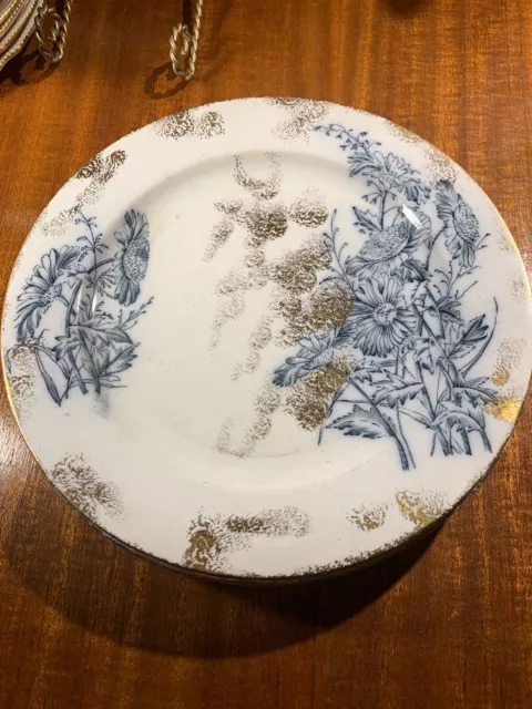 Antique 1880s England Ironstone Brushed Gold Blue Florals~Set of 4~9”~Victorian