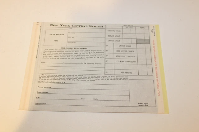 Vintage railroad train ephemera New York Central System Cash Refund Form