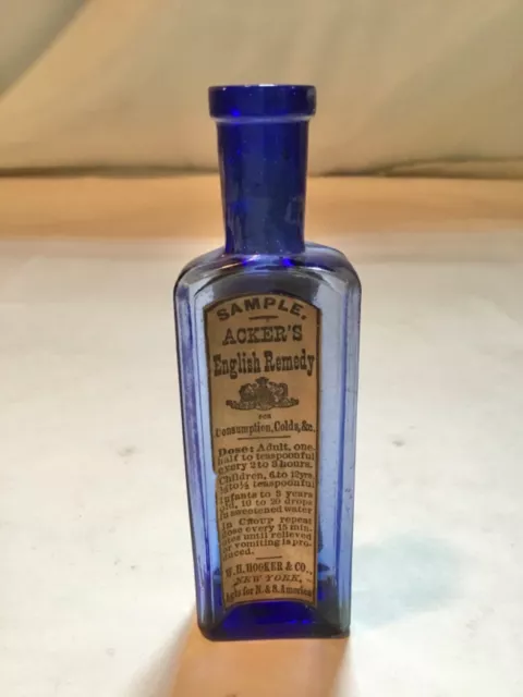 Antique Acker’s English Remedy SAMPLE Bottle w/Labels! Light Cobalt Blue SUPERB!