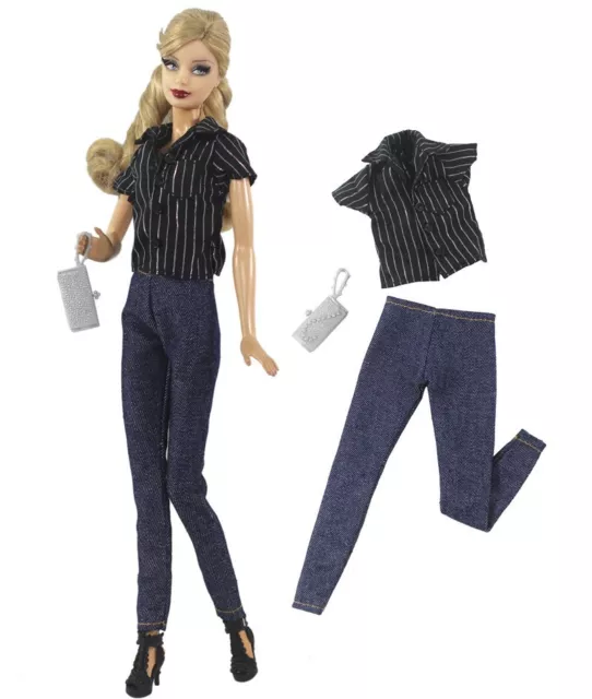Barbie doll clothing shirt top denim pants Toy doll clothes bag three piece Barb