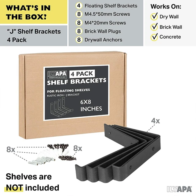 HEAVY DUTY STEEL Floating Shelf Brackets, J Bracket with Lip 6 x 7.25