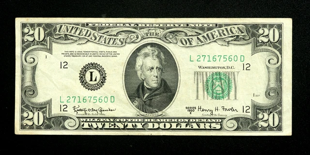 1950 L $20 Twenty Dollar Bill Federal Reserve Note San Fran Old Vintage Currency