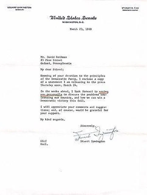 Stuart Symington Missouri Senator Original Autograph Signed Dnc Letterhead 1960