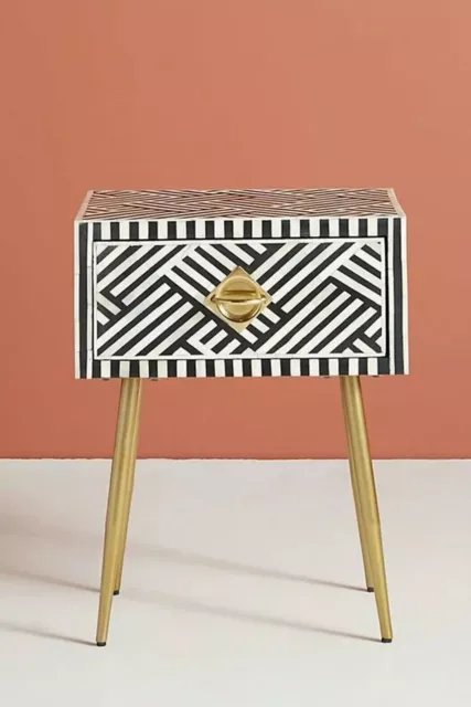 Geometric Bone Inlay Side Table with Brass Accents