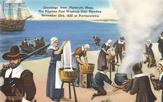 Vintage Linen USA Postcard, The Pilgrims First Wash Day, Provincetown 1620 QB0