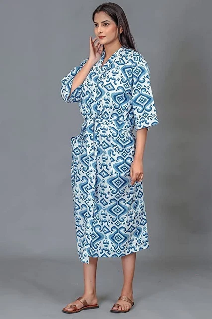 Indien Turquoise Caftan Coton Handmade Floral Caftan Nuit Maxi Robe