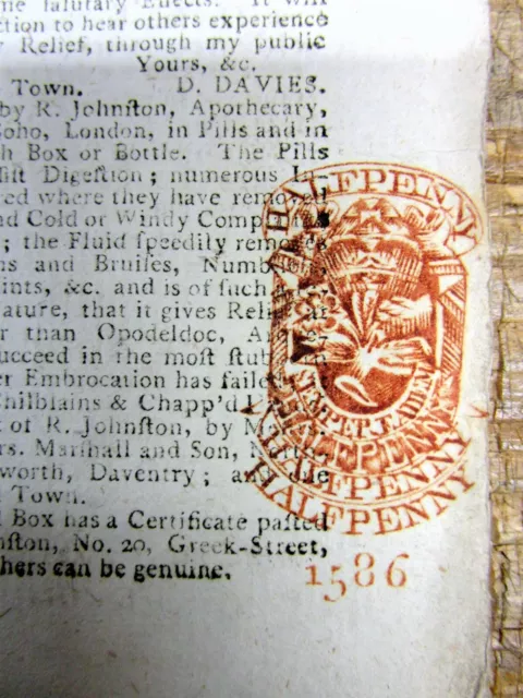 BEST 1796 British newspaper with a RED HALFPENNY TAX STAMP on the front page