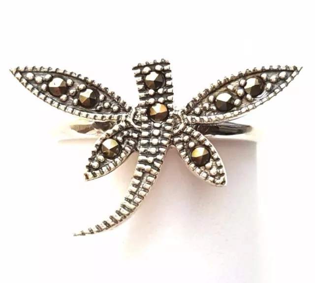 (SIZE 6,7,8,9)  DRAGONFLY RING Marcasite Studded .925 STERLING SILVER