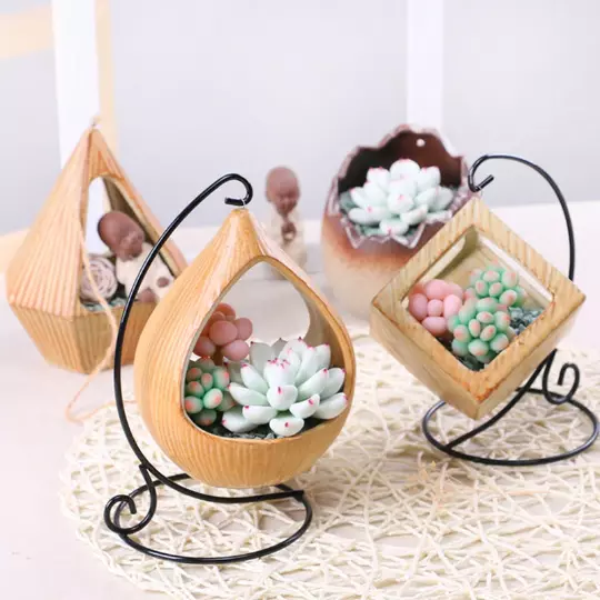 Geometry Planter with Wrought Iron Frame Bracket Hook Indoor Succulent Pot