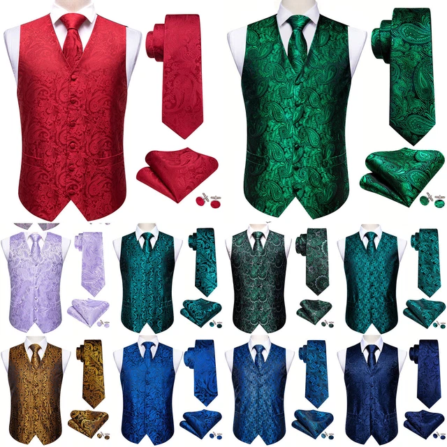 Mens Waistcoat Paisley Floral Vintage 4PC Vest Tie Set Wedding Formal Casual