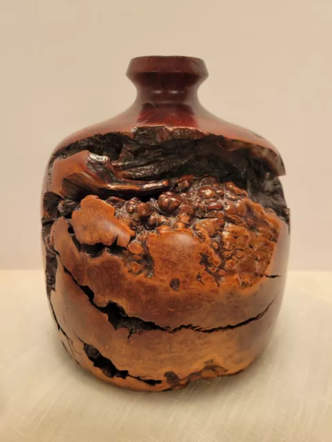 Stunning Turned BURL WOOD Polished & Gnarley Vase W/ Glass Insert Brutalist