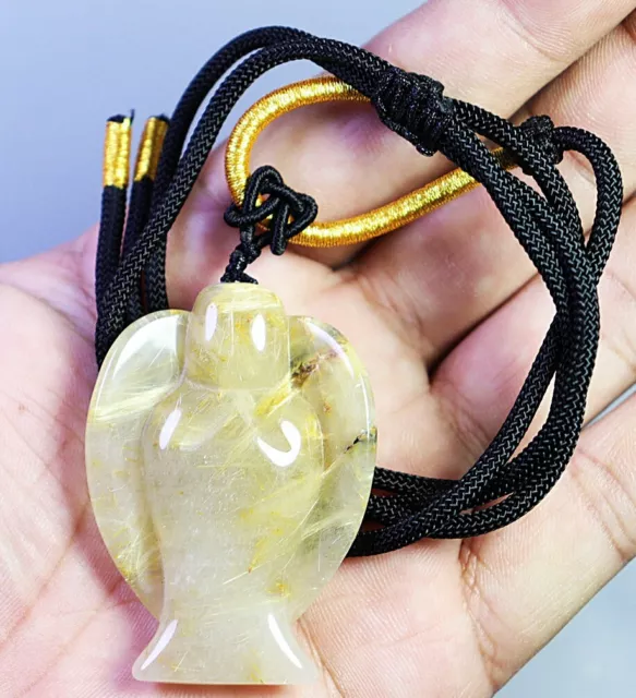 Natural Golden Rutilated Quartz Crystal Stone Carved Angel Pendant Necklace