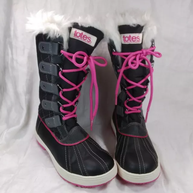 TOTES Snow BOOTS Girls Size 1 Med Suri Black Gray w/ Pink Lace Up Faux Fur