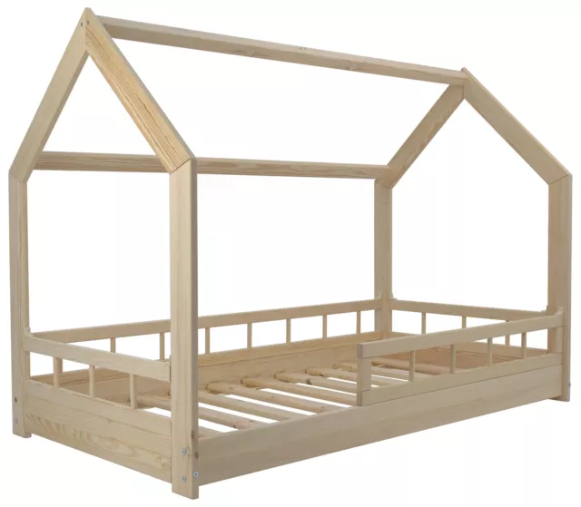Lit maison cabane en bois de pin naturel brut avec barreaux 160x80 cm