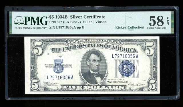 DBR 1934-B $5 Silver Fr. 1652 Vinson LA Block PMG 58 EPQ Serial L79716356A