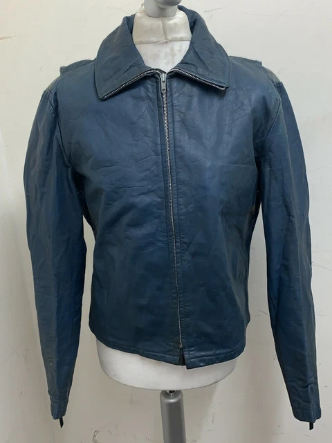 Giacca Moto Vintage Anni '70 Blu Treen Personalizzata In Pelle Cafe Racer Taglia M