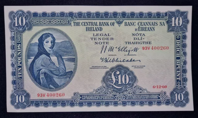 The Central Bank Of  Ireland 1960 (93V)  £10 Lady Lavery Unc Banknote