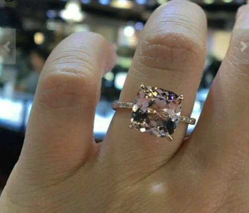 3.20Ct Cushion Cut Lab-Created Morganite Engagement Ring 14K Rose Gold Finish