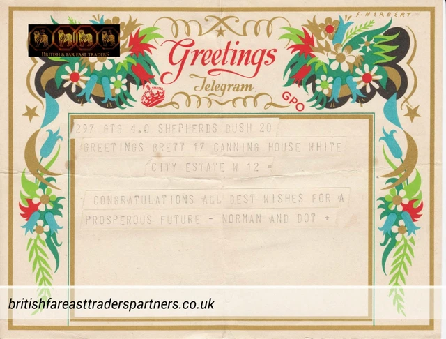 VINTAGE 1951 UK General Post Office (GPO) COLLECTABLE Greetings TELEGRAM CARD