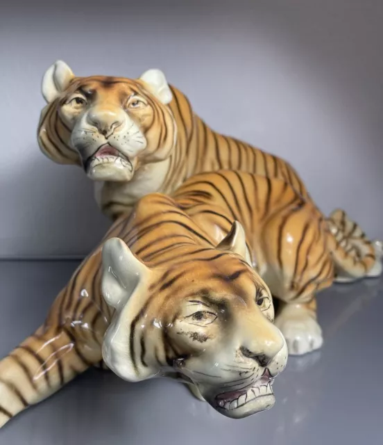 Große Porzellan Skulptur Figur " Royal Dux " Tiger Paar Deutschland Art Deco