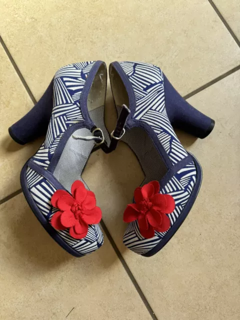 LADIES RUBY SHOO Navy White Design Red Flower Shoes Size 7/40 £15.25 ...