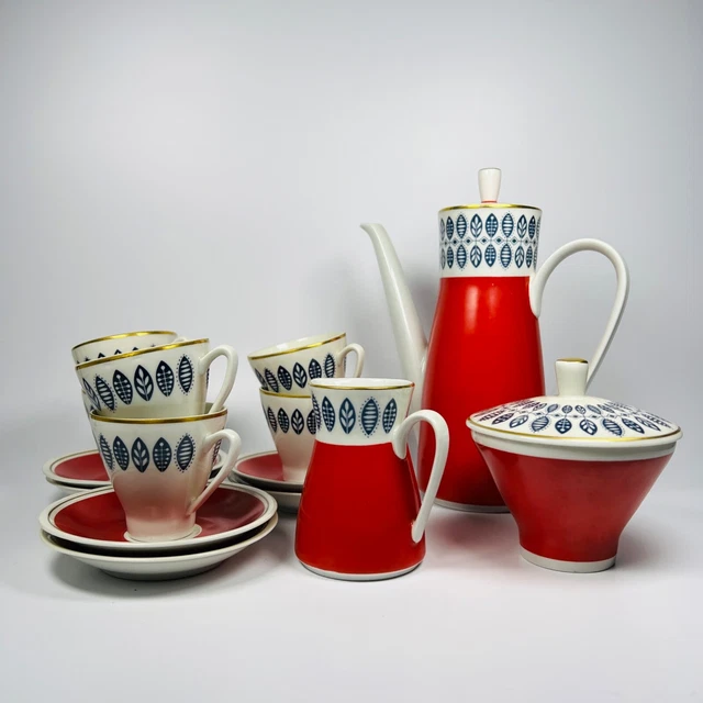 Freiberger Porzellan Mokka Kaffee Service 15 Teile Abstrakt Blätter 60er DDR GDR