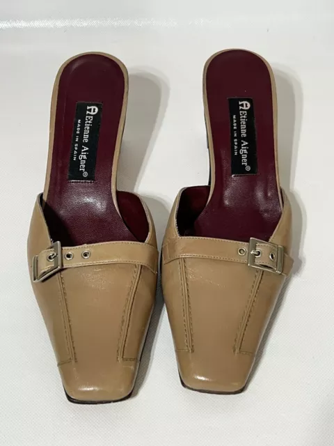 Etienne Aigner Womens Leather Mules Heels Brown with Buckle Slip On 10M