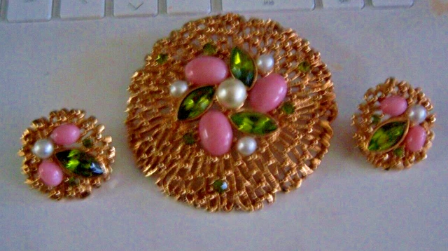 Sarah Coventry Beaded Flower Pin Brooch & Earring Set Pastel Colors  Vintage