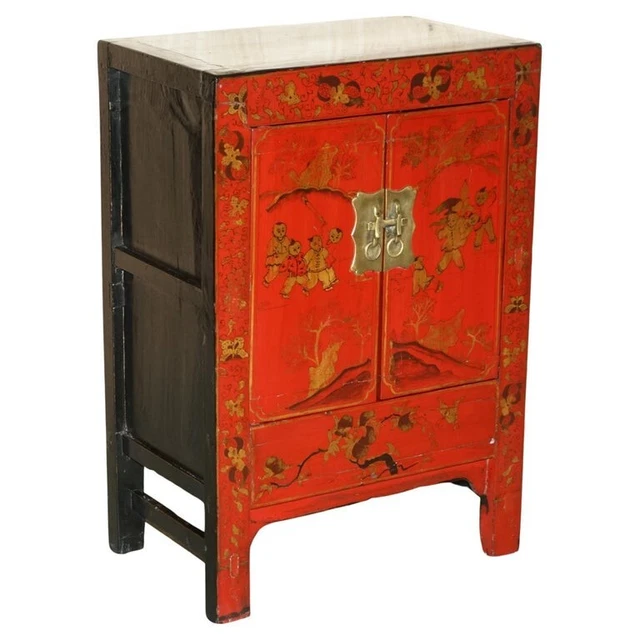 ORIENTAL Furniture Roter Lackschrank - Handbemalter Aufbewahrungsschrank Chinesische Landschaft