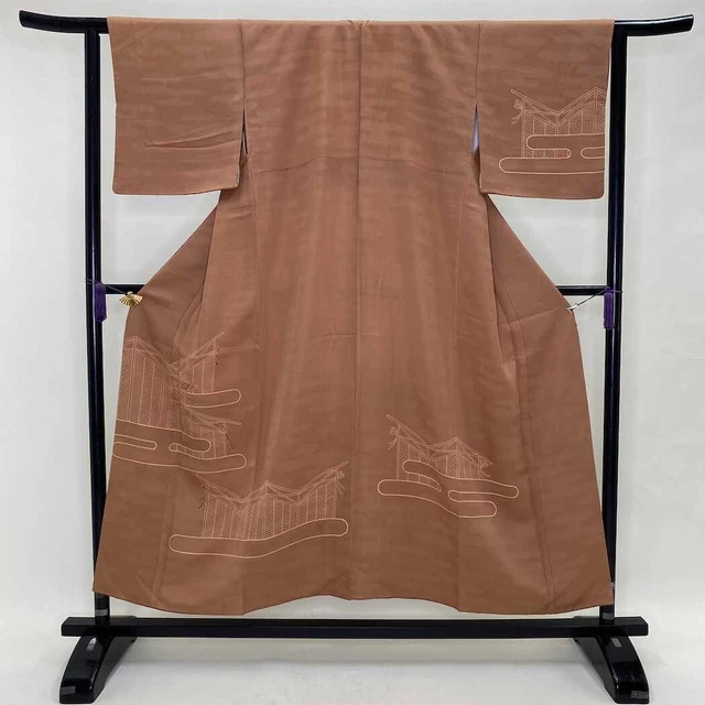 vintage Japanese Kimono "HOUMONGI" Silk L size B rank brown kimono  1384