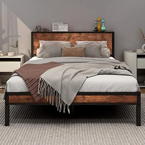 DOUBLE BED FRAME with Wooden Storage Shelf Headboard, Metal Platform
