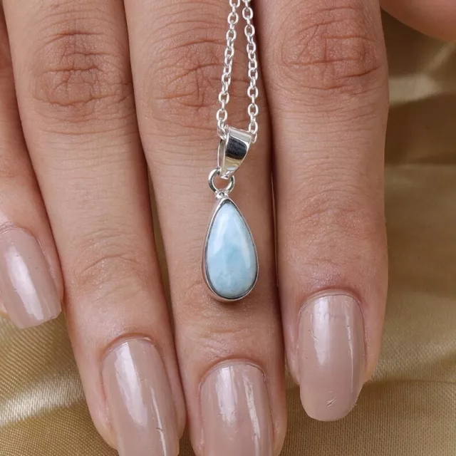 Naturel 7x12mm Larimar Gemme Pendentif Pure 925 Argent 18 " Câble Chaîne Collier