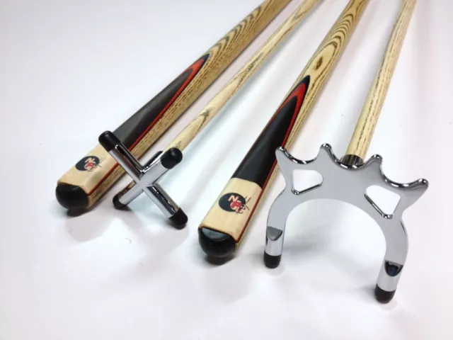 FULL ASH With Red Wood Flame Pool Cue REST & SPIDER Set 1 x Chrome Rest, 1 x ...