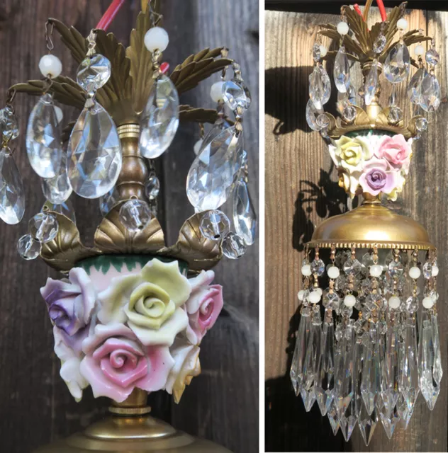 Porcelain Rose lamp Brass tole chandelier Swag vintage crystal beaded purple
