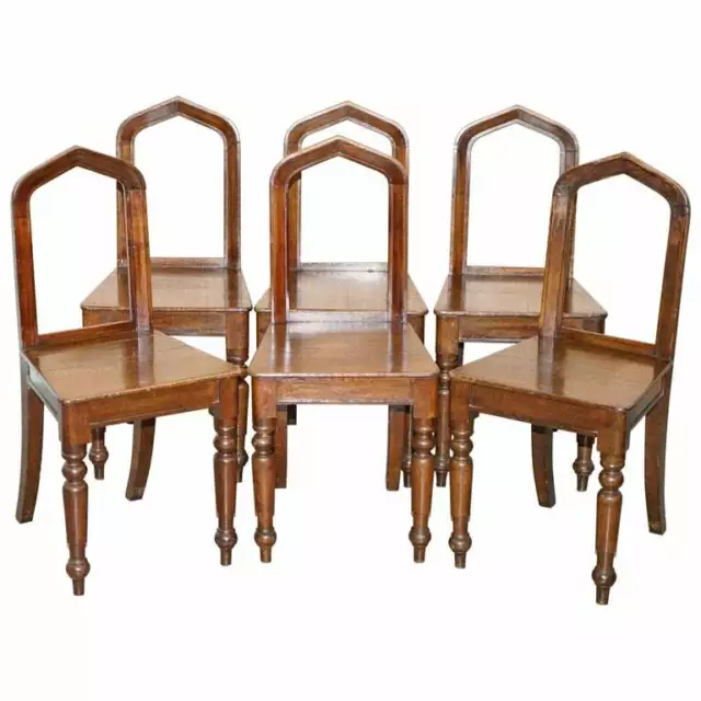 Six Original Victorian Circa 1890 Steeple Back Gothic Arch Oak Dining Chairs 6