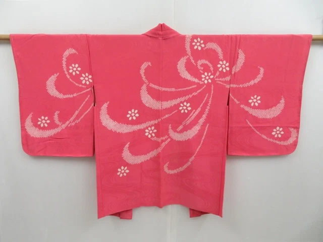 3405T06z460 Vintage Japanese Kimono Silk HAORI Flower Red-Pink