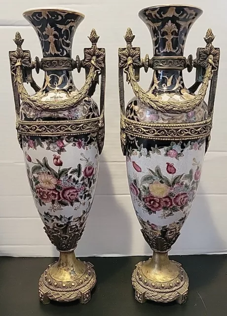 60's Hand Painted Crackle Porcelain Under Glaze w Bronze Accents Pair 17" Vases