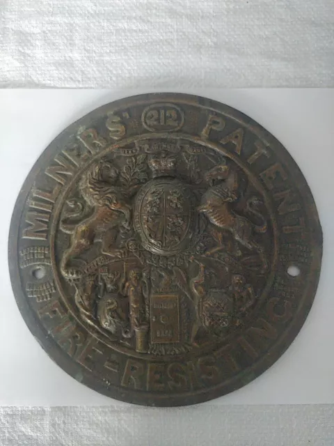 Antique Original Milners Brass 212 Patent Fire Resistant Safe Plaque 20.5 Cm