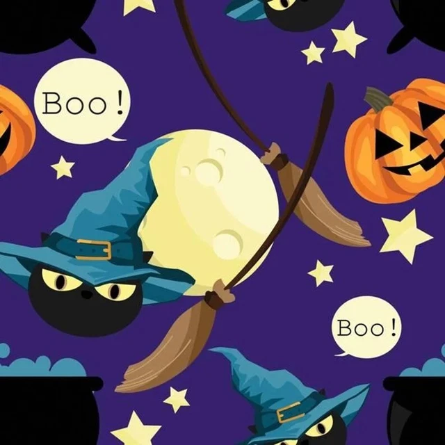 Vtg Halloween Kitty Witch Boo Pot Allover on Blue Sew Quilt Fabric 1Ydx43 #FF