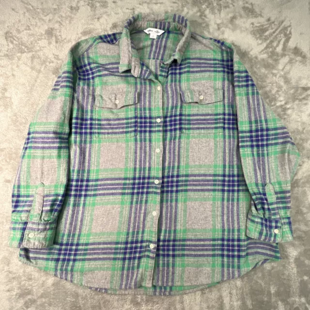 Old Navy Shirt Womens Size 2X Boyfriend Fit Flannel Plaid Gray Blue Green Cotton