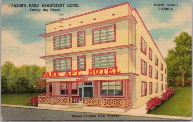 MIAMI BEACH, Florida Postcard FABER'S PARK APARTMENT HOTEL Linen / 1954 Cancel