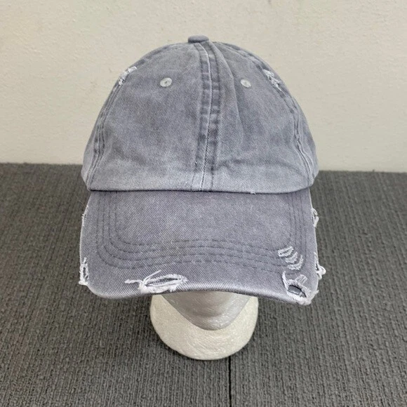 Ponytail Distressed Baseball Hat Womens Adjustable Gray Acid Wash Strapback Cap