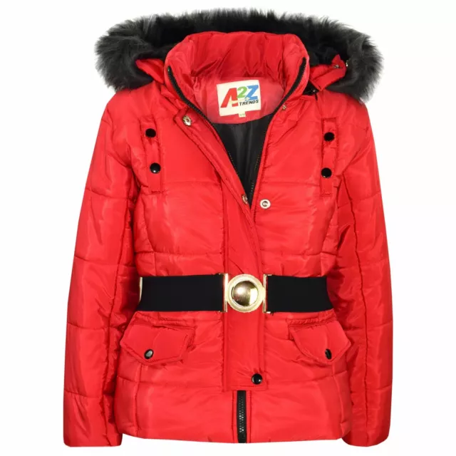 Kids Girls Puffer Jacket Red Faux Fur Hooded Padded Zipped Belted Top Warm Coats