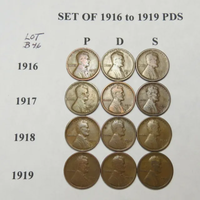 1916-PDS-1919-PDS LINCOLN WHEAT CENTS (12 TEEN CENTS) ~ ALl 3 MINTS -LOT B46