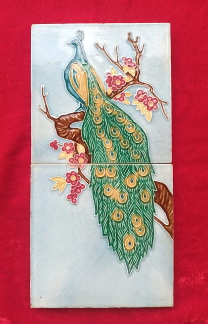 1 Piece Set  Peacock Design Old Art Deco Majolica Ceramic Tiles Japan 0397