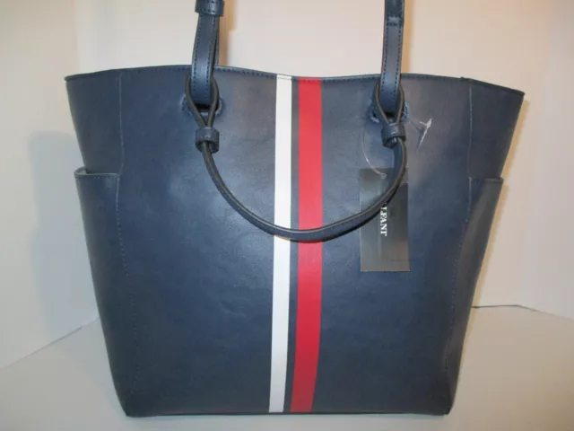 Alfani Teklah Large Tote Blue Vegan Leather Red White Stripe Shoulder Bag Silver