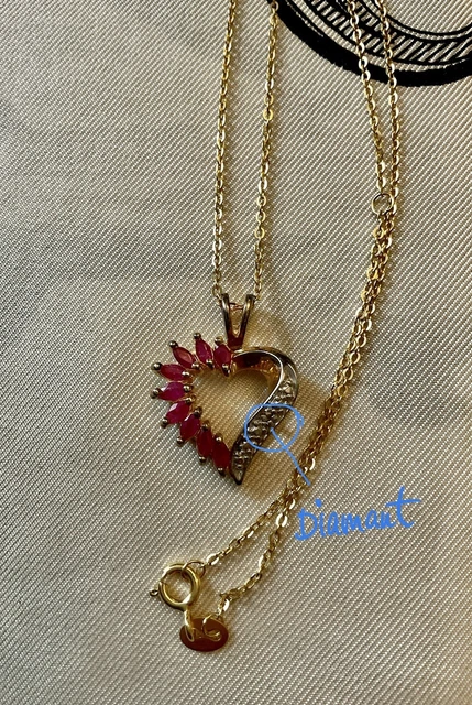 Pendentif Coeur Ancien En Or Et Argent Vermeil - Rubis Et Diamant - Collier Occasion