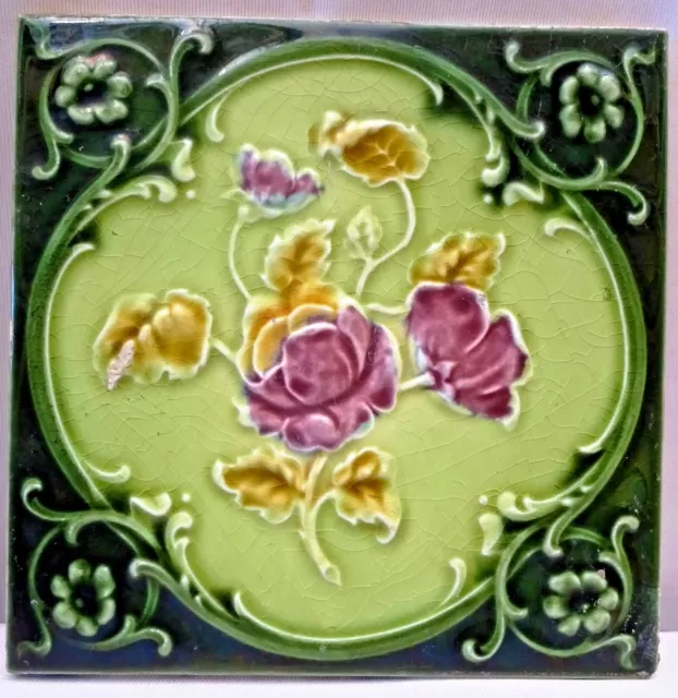 Ancien Carreau Majolique Rose Violet Art Nouveau Angleterre Fleurs Architecture