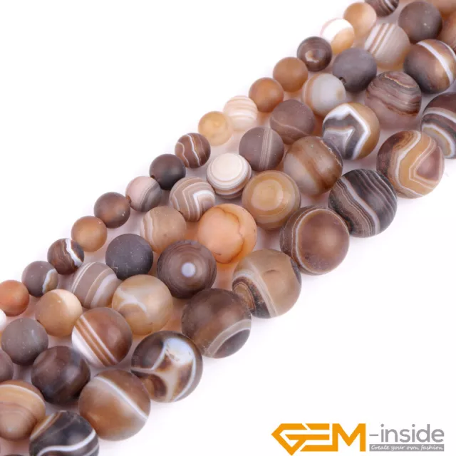 Natural Brown Stripe Banded Agate Gemstone Matt Frosted Jewelry Making Beads 15"