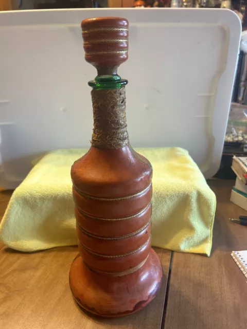 Vintage Leather Wrapped Music Box Liquor/Wine Decanter Bottle Made In Italy